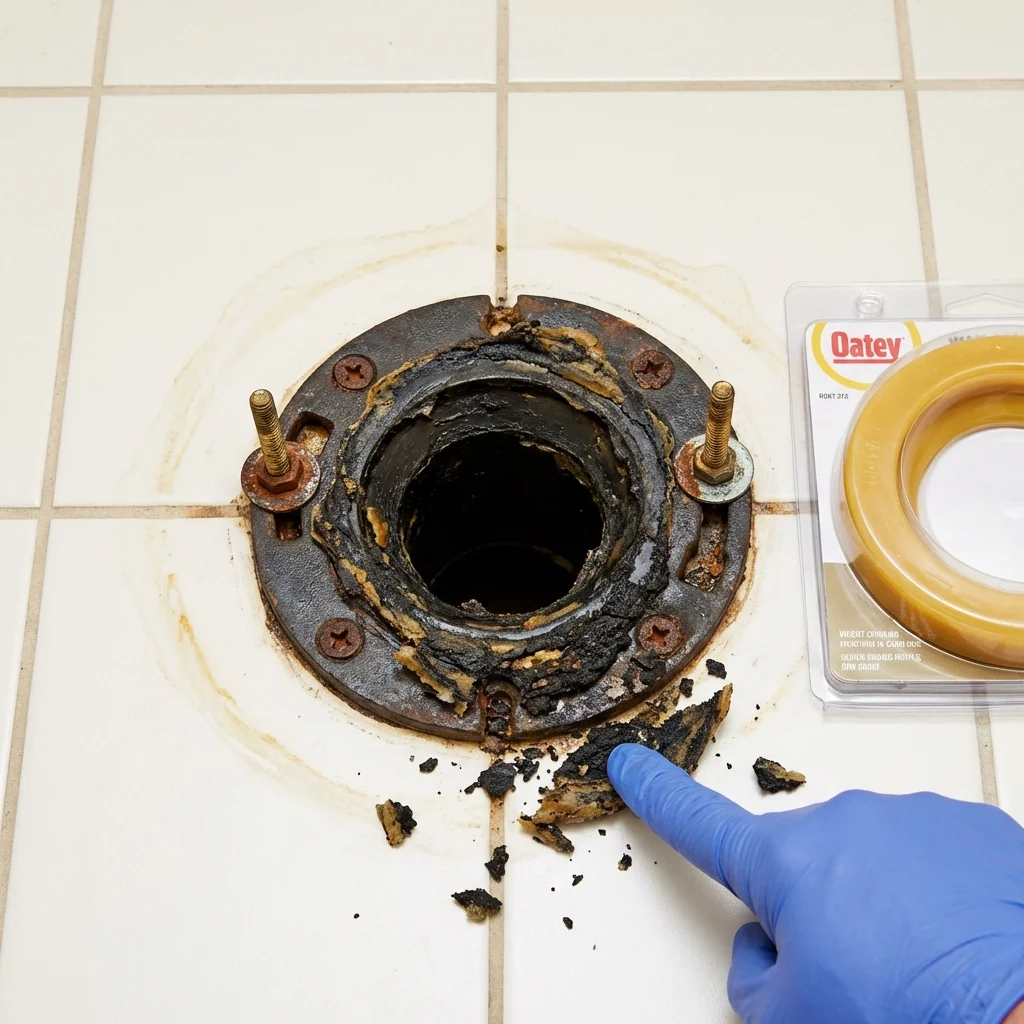 Failed wax ring showing water seepage at the base of a toilet in a Frankfort, NY home