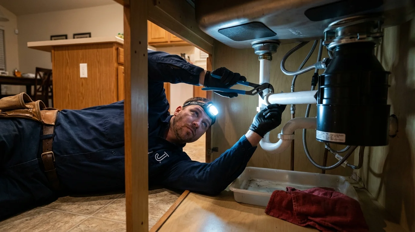 P-trap and supply line connections under a kitchen sink showing a common leak point in Frankfort, NY